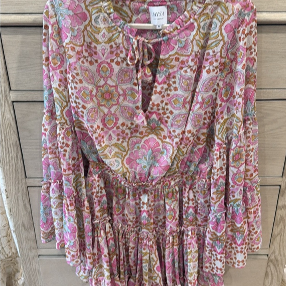 MISA Los Angeles Pink Multi Floral Tie-Front Peasant Tunic
